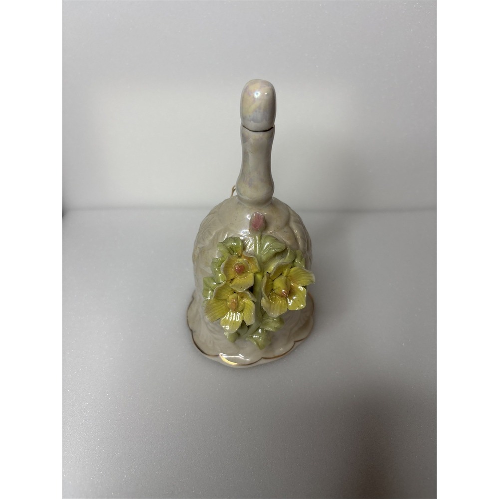 Bell Iridescent AppliedYellow Flowers Gold‎ Trim Works Vintage